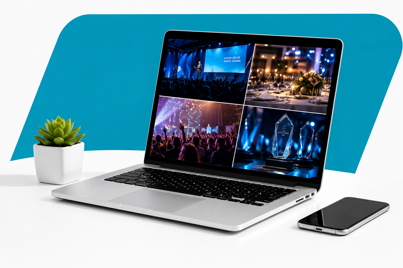 Laptop képernyőjén rendezvényfotók kollázsa